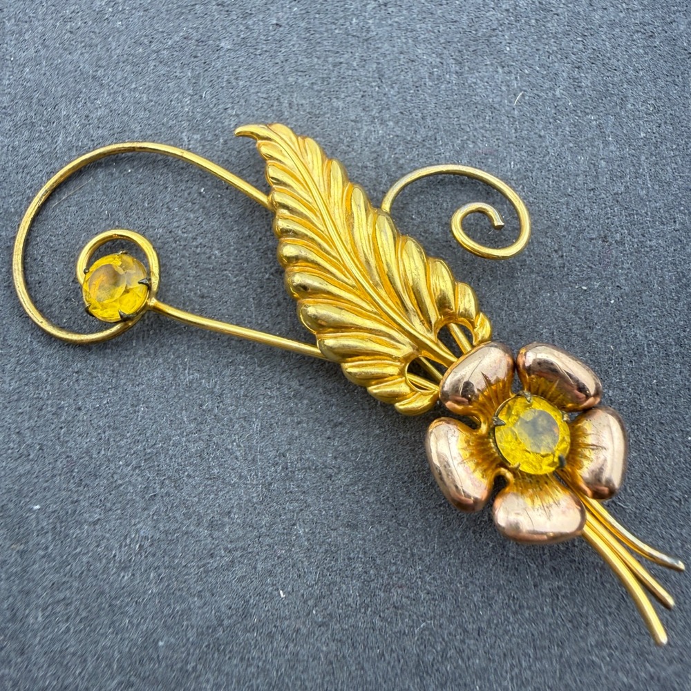 Vintage Floral Leaf Brooch Yellow Stone Gold Filled Victorian Spray Pin